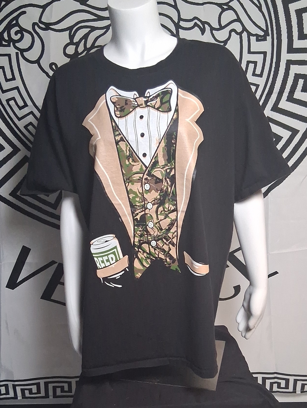 Hanes Black Tee with Camouflage Vest and Tan Tuxedo Print
